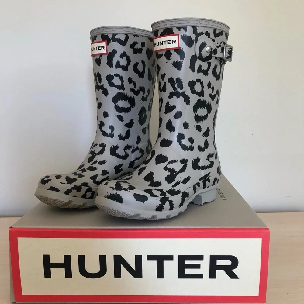 Hunter Black and Gray Leopard Rain Boots